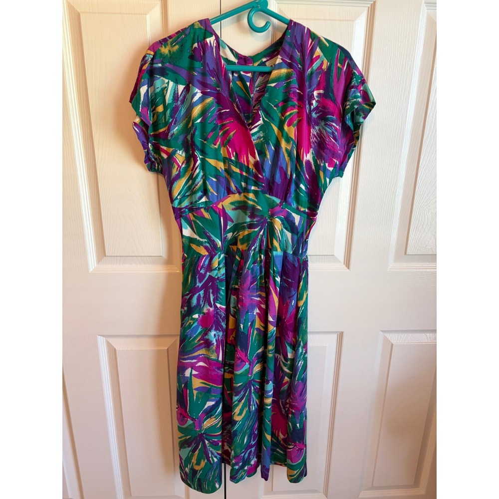 Vintage VLP Tropical Abstract Print Midi Dress Purple Teal Made in USA Pockets